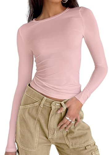 Abardsion Women's Long Sleeve Shirts Spring 2025 Casual Basic Going Out Crop Tops Slim Fit Tight Y2K Clothes, 2# Light Pink, S