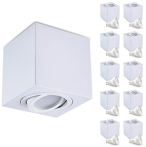 ekobi Aufbauspot OH37 Deckenleuchte RECHTECK Farbe WEIß Deckenstrahler - beweglich Deckenspot Aluminium IP20 LED Spotlight Inklusive Glühbirne GU10 5W 4000K (10 Stück, M - Neutralweiß Licht)