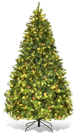 GOPLUS 210/225/240cm Künstlicher Weihnachtsbaum mit Beleuchtung, Tannenbaum künstlich mit Tannenzapfen, Christbaum für Zuhause, Büro, Wohnzimmer (210 cm)