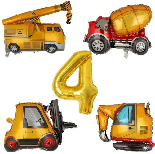VIKY® Bagger Deko Kindergeburtstag 4, Baustellen Deko Luftballon 4. Geburtstag Junge, Bagger Geburtstag Deko 4 Jahre, Baustellen Party Kindergeburtstag Deko, Folienballon Geburtstagsdeko 4 Jahre Junge