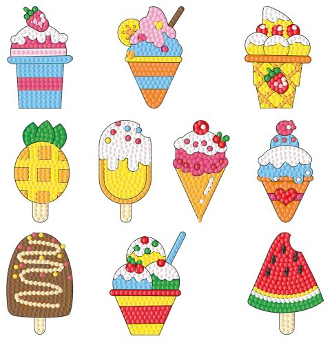 5D Diamond Painting Aufkleber Kits, 10 Stück Cartoon Diamanten Mosaik Aufkleber, Diamantmalerei Kinder, Kinder und Erwachsene Anfänger Eiscreme Diamant Aufkleber Kit