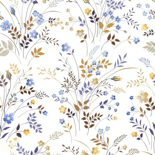 VEELIKE Papier Peint Fleur Sauvages Bleu Vintage Papier Peint Feuillage Bleu Jaune Papier Peint Floral Papier Peint Adhesif Mural Papier Collant pour Meuble Chambre Armoire Salle de Bain 44,5cm×300cm