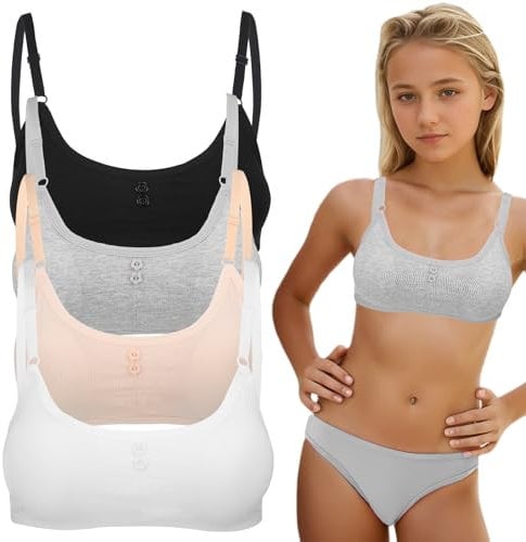 4 Pieces Girls Sports Bras Cotton Girls Sports Bra Training Bras Underwear with Removable Pads and Adjustable Shoulder Strap 10-16 Years Training Bras for Girls Age 10-11