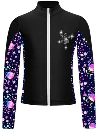 Yeahdor Kinder Mädchen Eiskunstlauf Mantel Langarm Sport Jacke mit Strass Glitzer Trainingsjacke Wettkampf Yoga Jogging Fitness Schwarz 134-140