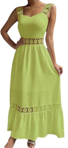 Vestido largo para mujer, cuello cuadrado, hueco, sin mangas, color liso, vestido de fiesta, verde lima, L