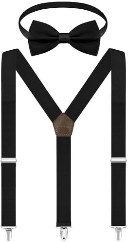 Fevaeno Hosenträger Fliege Set, Breit 2.5cm Y Form mit 3 Starken Clips, Einstellbar und Elastisch Einheitsgröß Hosenträger für Herren und Damen Schwarz