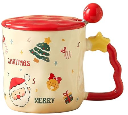 PLUSHCEWT Christmas Coffee Mug, Ceramic Tea Mug with Cartoon Christmas Style Handle, Christmas Mug with Lid and Spoon Festival Cute Xmas Mugs Christmas Festive Design Mugs, 380ml (Red)
