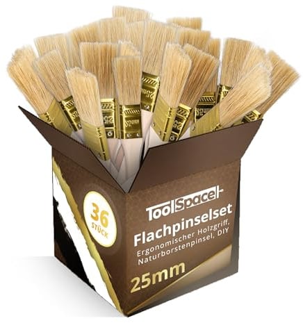 ToolSpace Pinselset 36er Flachpinsel Borstenpinsel 25 mm Malerpinsel | Natur-Schweineborsten, Holzgriffe, für Wände und Decken, für Türen und Möbel, präzise an schmalen Profilen