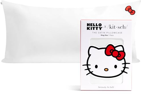 Kitsch Hello Kitty Satin Pillowcase with Zipper for Hair, Softer Than Silk Pillow Cases King, Cooling Pillow Covers, Machine Washable Wrinkle-Free, Satin Pillow Cases King 19x36, Solid Ivory Kitty Bow