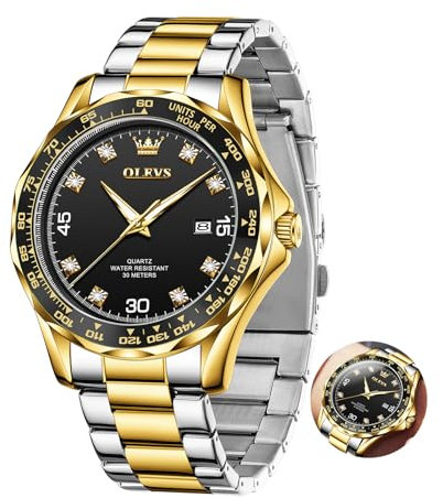 OLEVS Herrenuhr aus Gold Silber Edelstahl Schwarz Armbanduhr Herren Großes Zifferblatt Römische Zahlen Männer Uhren Diamant Quarz Analog Uhr für Herren Wasserdicht Moderne Herrenuhren mit Datum
