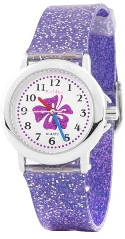 Kiddus | Kinderuhren. Mädchen Armbanduhr. Mit Übungen zum Uhrzeit Lernen. Kinderuhren mädchen. Mit Glitzer und Mit Hochwertigem Japanischen Quarzwerk. Ab 4 Jahre alt. Lila Blume und Armband.