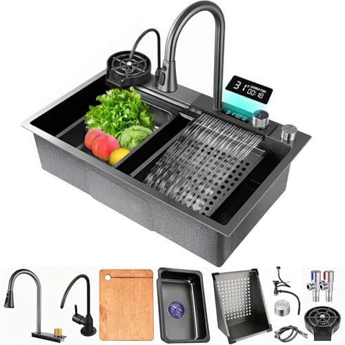 Fregadero de Cocina Deluxe Multifuncional Práctico Fregadero Negro con Juego de Grifo, Lavavasos, Dispensador de Jabón, Juego de Desagüe (75 * 45cm)