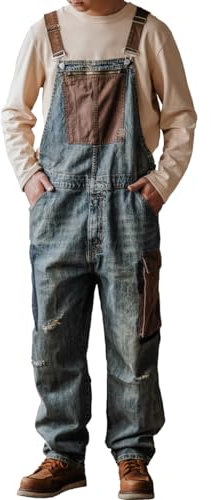 Rexcyril Salopette da lavoro da uomo in denim, stile vintage, a contrasto, con tasche grandi, Blu, 36
