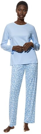 Mey Damen Schlafanzug lang 2-teilig Serie Flower Meadow | Legere Passform, Rundhalsausschnitt, Oberteil uni, Lange Hose mit Print, Gr. 38-48