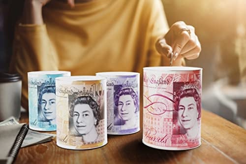 4 x Money Box Seterling Tin, Savings Tin, Piggy Bank, Save for Birthday, Sterling Money Tins, 15 x 10 x 10 cm, (Mixed Set of 4)