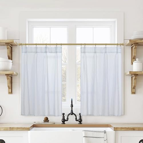 Hellblaue Leinenvorhänge für die Küche, durchscheinendes Plissee-Muster, kleine Fensterbehandlungen, Café-Vorhang, 91,4 cm Länge, Set mit 2 Paneelen