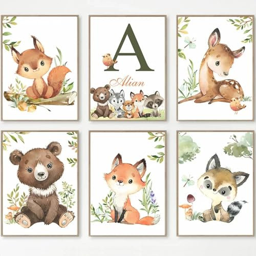 Youihom 6 Affiche Animaux de la Foret Bebe Brun Vert Tableau Chambre Bebe Personnalisée Affiche Prenom Enfant Poster Chambre Enfant Garcon Renard Ours Ecureuil Tableau Toile 21 x 30 cm sans Cadre