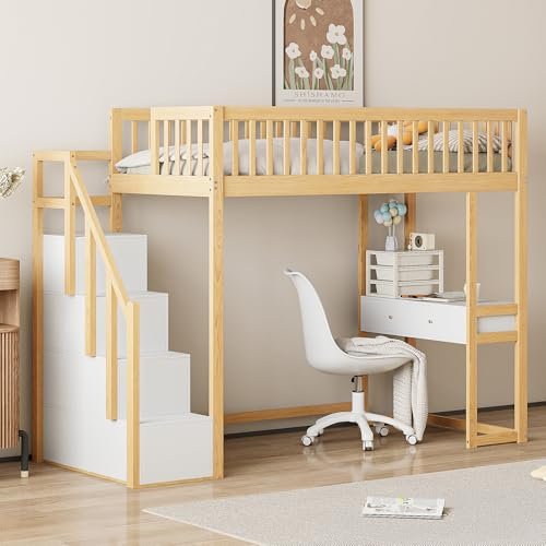 Merax Hochbett 90 x 200 cm mit Schreibtisch, multifunktionales Hochbett für 1 Platz mit Aufbewahrungstreppen, Weiß und Holz (ohne Matratze)