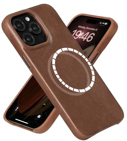 LUCKYCOIN Magnetic Phone Case for iPhone 15 Pro Max 6.7 in,Compatible with MagSafe Wireless Charging,Genuine Leather Case with Metal Buttons,Shockproof Screen Protector Phone Bumper Cover-Dark Brown