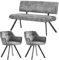 B&D home Sitzgruppe JANA Esszimmerbank 140cm gepolstert mit Rückenlehne, mit 2 Stühle für Esszimmer, Industrial modern Design | Wildleder Optik Grau, 11503-140-GRAU