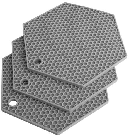 Extra Thick Silicone Trivet Mat Heat Resistant Multi-purpose None slip Table Place Mats for Hot Pots Holder,Pads,Pans,Dishes,Spoon rest,Coasters for Kitchen Cooking & Dining(3pcs Pack)(Hexagon-Grey)
