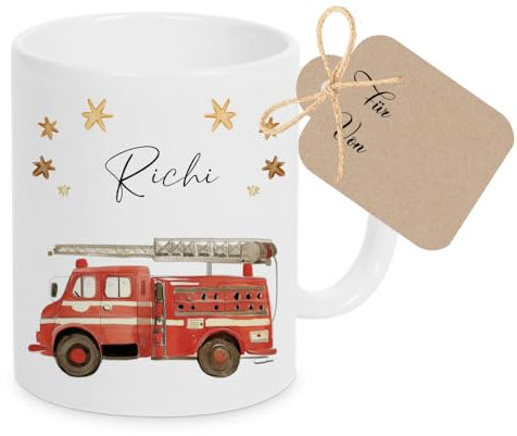 Manufaktur Liebevoll Tasse mit Namen Kinder Kindertasse mit Namen Becher Keramik Mädchen Junge Namenstasse Feuerwehr Fahrzeug Geschenk