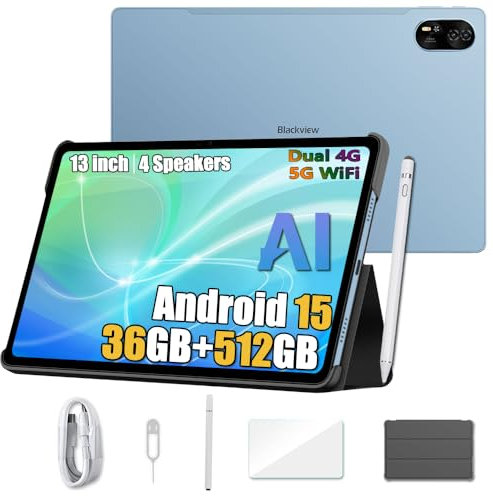 Blackview Mega 8 Android 15 Tablet 13 Pulgadas, 36GB+512GB/2TB Juegos Tablet, Altavoces Quad-Box, 2K FHD+, 4G LTE + 5G WiFi, 11000mAh, 50MP, Modo PC, OTG, 3.5mm, Bolígrafo Inteligente + Funda, Azul