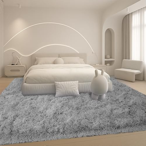 Mtandyx 8x10 Grey Fluffy Shag Area Rug, Non-Slip Thick Soft Carpet for Home