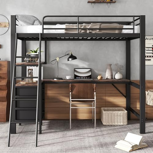 okwish Hochbett 90x200 cm, Etagenbett mit DREI Schubladen und 2m Langer Tisch, Metallbett mit Schräge Leiter mit Vier Stufen,Jugendbett, Einzelbett, Eisen+Spanplatt, Schwarz(ohne Matratze)