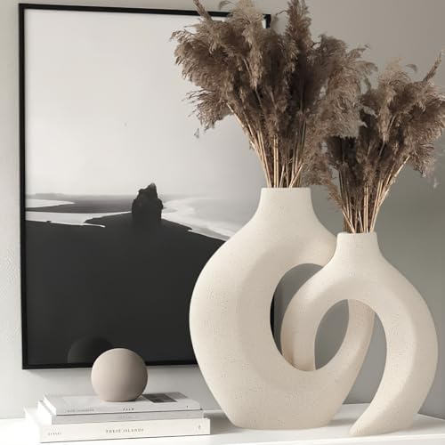 Weiß Keramik Vase 2er Set,Matte Blumenvase Klein für Pampasgras | Ceramic Vase,Nordic Ring Form Moderne Deko Vasen für Wohnzimmer, Schlafzimmer, Boho Heimdekoration Geschenk
