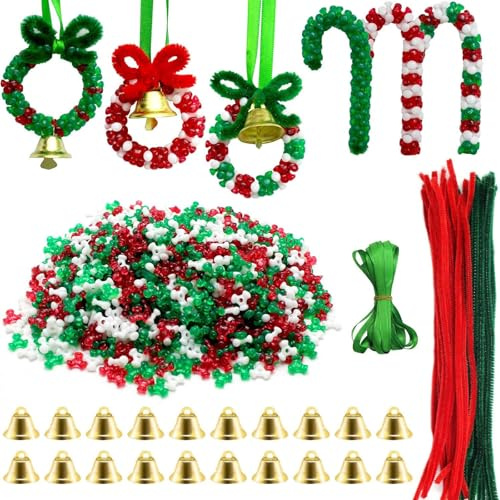 1570 Stück Weihnachts Perlen Ornament Set, Weihnachts Bastelkranz Dreiförmige DIY Perlen zum Aufhängen am Weihnachtsbaum, Weihnachtsparty Dekoration