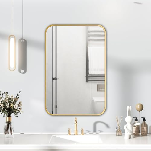 HIGHBATH Spiegel mit goldenem Rahmen, 40 x 60 cm, rechteckiger Badezimmer-Wandspiegel, hängend horizontal/vertikal, Heimdekoration, Wandmontage, Schminkspiegel für Badezimmer, Ankleidezimmer