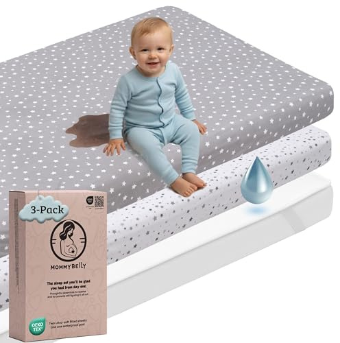 Mommybelly Set Drap Housse 60x120 Lit Bébé / 60x125. 2 Draps Housse Coton Jersey + 1 Protège Matelas Imperméable Éponge pour Lit Bébé. Certifié Oeko-Tex. Étoiles 125x60 / 120x60