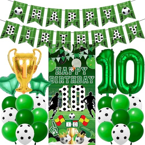 Fussball Deko 10th Geburtstag Kinder - 25 StüCk GrüN Geburtstagsdeko | 10 Jahre junge Birthday Banner Hintergrundtuch Folienballon FüR Jungen FußBall Party Dekorationen Set Kindergeburtstag