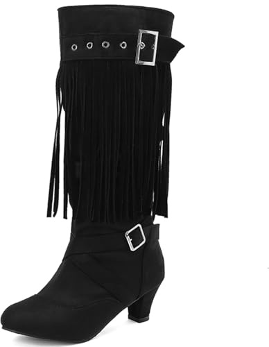 Cocey Bottes hautes à franges pour femme - Talon bloc - Style western avec boucle - Pour fêtes et rues - Talon de 5,5 cm, Noir , 38 EU