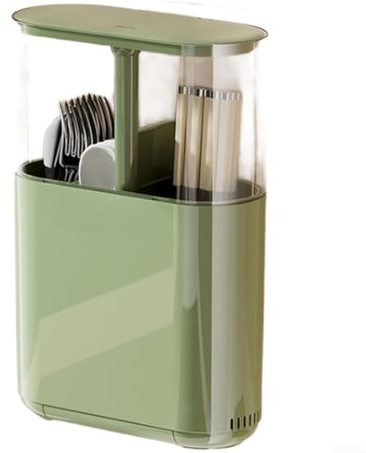 Mixabloem Chopstick Holder Wall Mounted Utensil Organizer One Touch Press And Lift Removable Tray Multi Compartment ABS Drying Ventilated Cover For Kitchen Spoons Forks(Green)