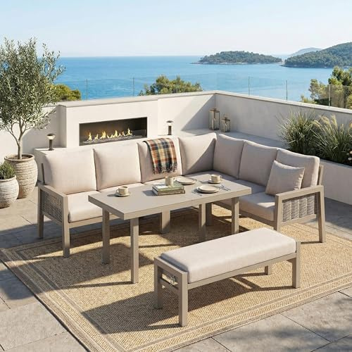 Lahoomu Garten-Essgruppe, Gartenmöbel-Set, 8 Personen, Eckstellung, Verzinktes Eisen, Glastischplatte, Handgefertigtes PE-Geflechtseil, Beinhaltet Esstische, Bänke und Sofas, Khaki