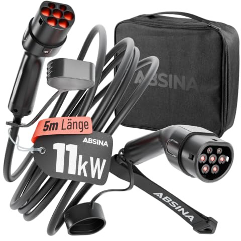 ABSINA Typ 2 Ladekabel 11kW 16A 5 Meter 3-phasig Mode 3 für E-Auto | 11kW Ladekabel Auto für Elektroauto & Hybrid - Kompatibel mit Model 3, e-Up, ID.3, Zoe, EQ fortwo, Kona Elektro, ID.4 uvm