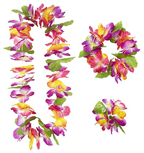 Widmann 9136W - 3-teiliges Hawaii Set, Kette, Armband und Kopfschmuck, orange, pink, lila, Hawaiischmuck, Gruppenkostüm, Beachparty, Hawaiiparty, Motto Party, Karneval, Mehrfarbig, Einheitsgröße
