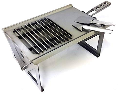 Volcann Portable BBQ and Cooktop with Meat Spike Grill Holder and Spatula - Flatpack Barbecue Smoker Stove Cook for Travel, Camping, Hiking, Fishing and more