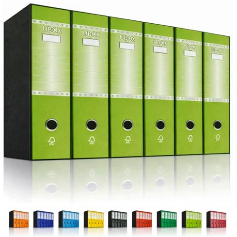 LogicaShop UBOX 6 Raccoglitori ad Anelli A4 Dorso 8 con Custodia Cartone, Formato Commerciale, Registratore con Meccanismo a Leva D, Raccoglitore con Scatola, Faldone Universale (Verde Lime)