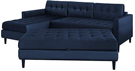 Selsey KOPENHAGA - Ecksofa/Moderne Eckcouch mit Veloursbezug, Holzbeinen, Ottomane beidseitig montierbar, 225 cm breit (Dunkelblau, mit Hocker)