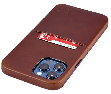 Dockem Virtuosa M1 Card Case for iPhone 12 Pro Max: Built-in Metal Plate, Designed for Magnetic Mounting: Ultra Slim Top Grain Genuine Leather Wallet Case: M-Series - (Brown Virtuosa)