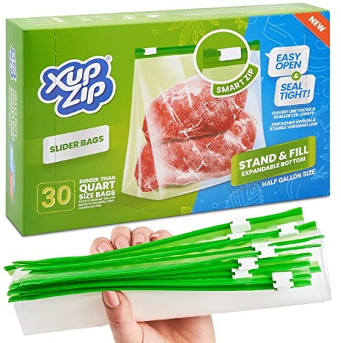 Food Storage Freezer Bags by XupZip™ | Heavy Duty Slider Ziplock Bags | Airtight Smart Zip with Expandable Bottom | Stand and Fill BPA Free Food Storage Bags – 30 x Half Gallon Food Bags (2.27L)