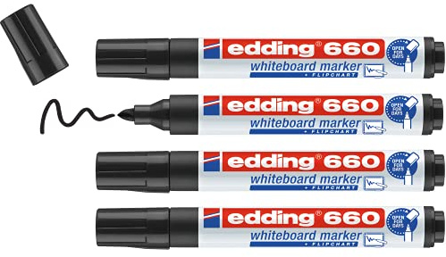 edding 660 Whiteboard-Marker, Rundspitze, Strichbreite 1,5-3 mm, Blisterpackung mit 4 schwarzen Blistern.