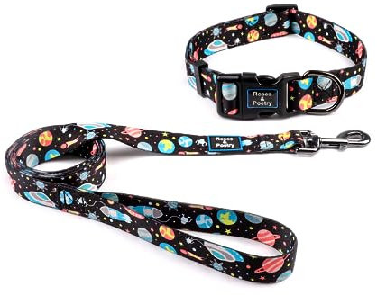 Roses&Poetry Hundeleine (1,5m) Hundehalsband im Set für Welpen Kleine Mittlere Große Hunde mit Wundervolles Design,Verstellbar Pet Hundehalsband und Hundeleine Leine Set Stern-M