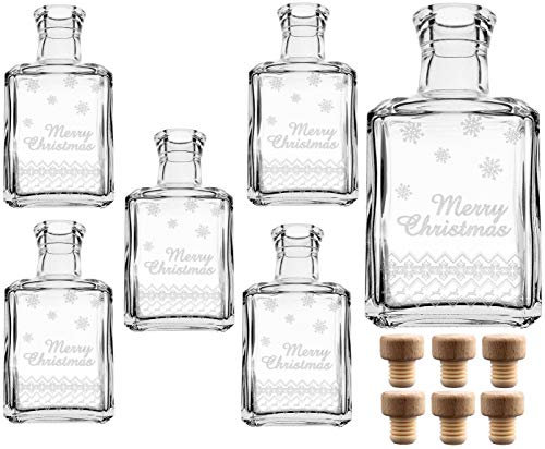 gouveo 6er Set 250 ml Glasflaschen Cube mit Gravur Merry Christmas und Korken (HGK) - Leere Flaschen für Weihnachten - Kleine Flaschen zum Verschenken