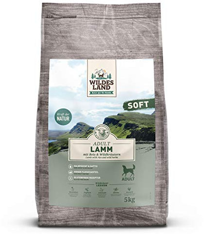 Wildes Land - Halbfeuchtes Trockenfutter für Hunde - Lamm - 5 kg -Soft mit Reis und Wildkräutern - Glutenfrei - Extra viel Fleisch - Für alle Hunderassen - Beste Akzeptanz