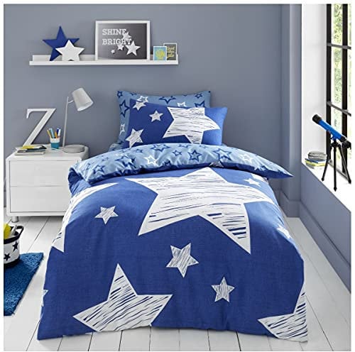GC GAVENO CAVAILIA Luxury Kids Fitted Sheet Super Star Cover OR Easy Care Children Curtains, Polycotton, Navy, Single Duvet Set