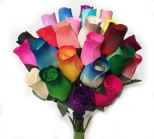 Homestreet Everlasting Blumenstrauß, 2 Dutzend Holzrosen in einer Auswahl von lebendigen Farben, 24 Rosenknospen in Cello-Instant Floral Geschenk (zufällige Mischung)